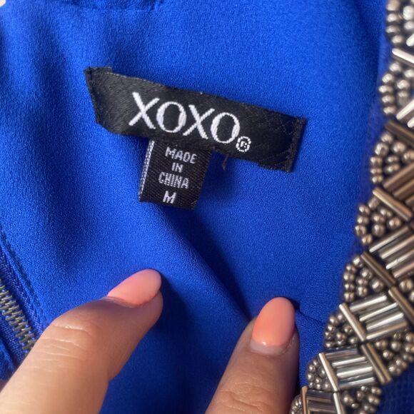 Vintage XOXO Jeans Beaded Bedazzled Top Blue Silver Zip Medium Y2K Cut Out - Picture 2 of 8